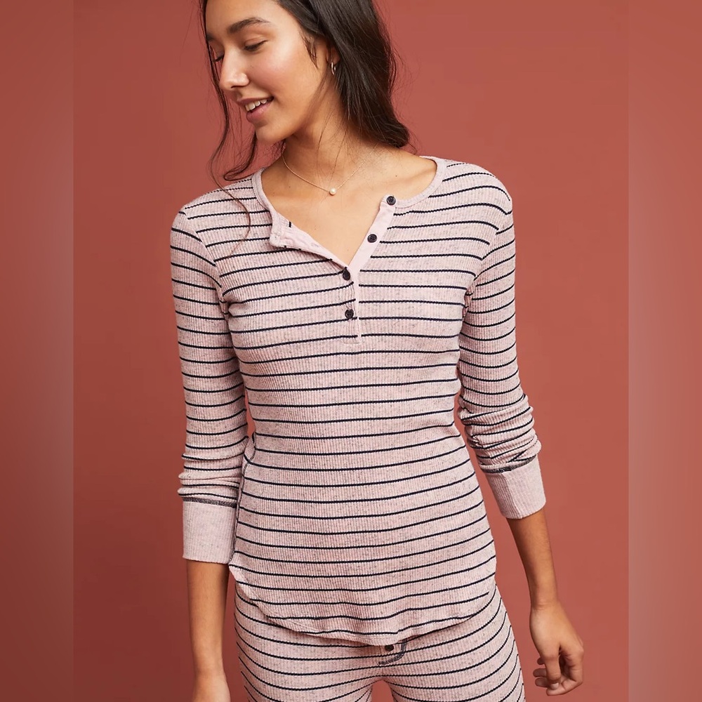 Sundry Striped‎ Henley Sleep Top Long Sleeve Gray Black 3